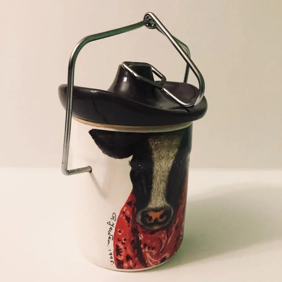 Vintage 1995 G Yewen Cow Wire Ball Crock Jar With Cowboy Hat Lid - Picture 2 of 16